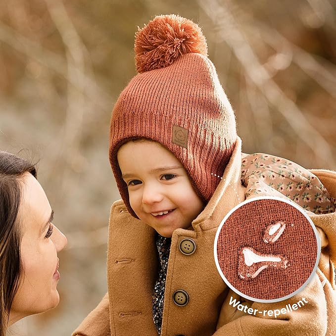 Baby Beanies, Baby Hats for Boys, Girls - Cute Toddler Winter Hat, Soft & Stretchy Beanies for Infant, Newborn 6-36 Months, Cozy & Warm with Earflap Muff & Pom (Tea Rose)