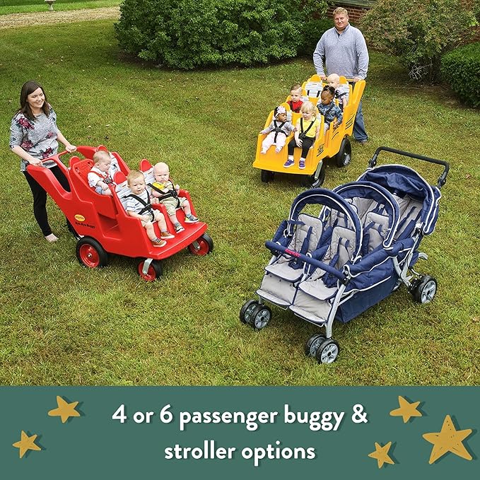 Angeles Bye Bye Buggy 6 Passenger Stroller, Sturdy Daycare Stroller with Fat Tires, Easy-to-Fasten Safety Buckles, Parking Brake, & 360 Pivoting Wheels, Red