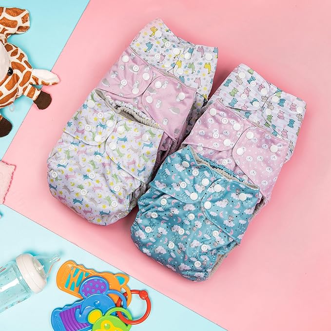 Simple Being Reusable Cloth Diapers, Double Gusset, One Size Adjustable, Washable Soft Absorbent, Waterproof Cover, Eco-Friendly Unisex Baby Girl Boy, six 4-Layers Microfiber Inserts (Girl Animals)