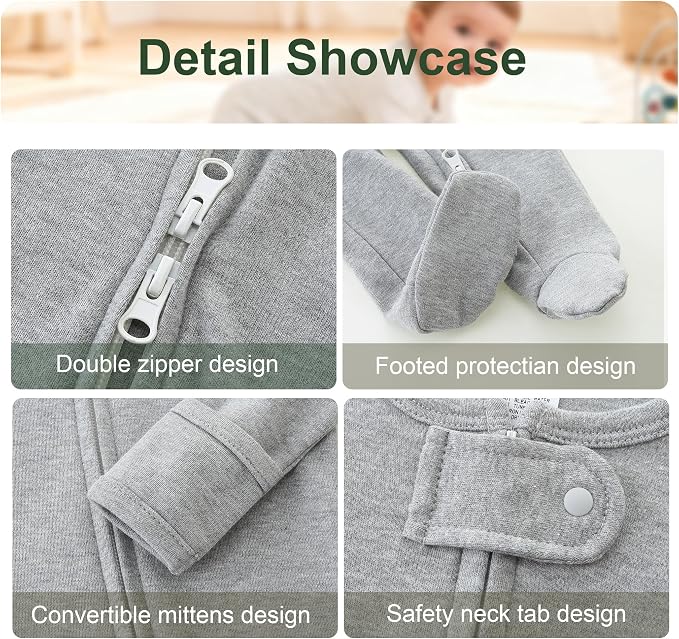 Hikido Baby Romper 100% Organic Cotton Pajamas One Piece Long Sleeve Zipper - Image 3