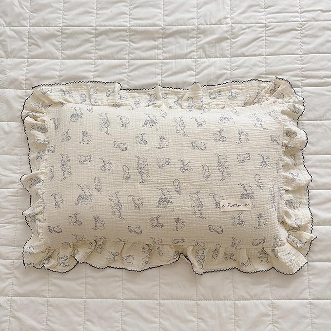 AOJIM Cotton Muslin Kids Pillowcase with Cute Cat Patterns, Super Soft Crib Nursery Pillowcase 1PC for Boys Girls, Ruffled Edges Toddler Bedding for Room Decor, Machine Washable, 26x20 Inches