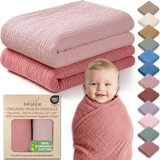 100% Organic Cotton 2 PK Baby Muslin Swaddle Blankets Girl 47x47in | Oeko-TEX by Infancie