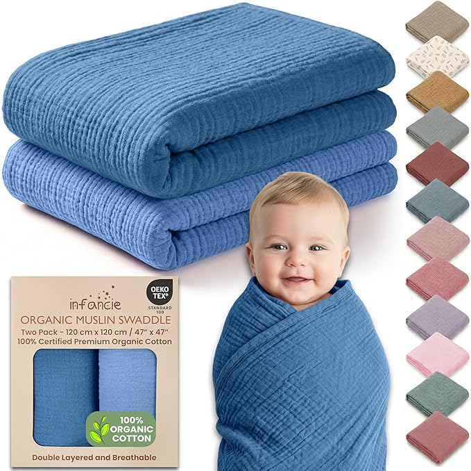 100% Organic Cotton 2 PK Muslin Swaddle Receiving Blanket 47x47 in | Oeko-TEX by Infancie