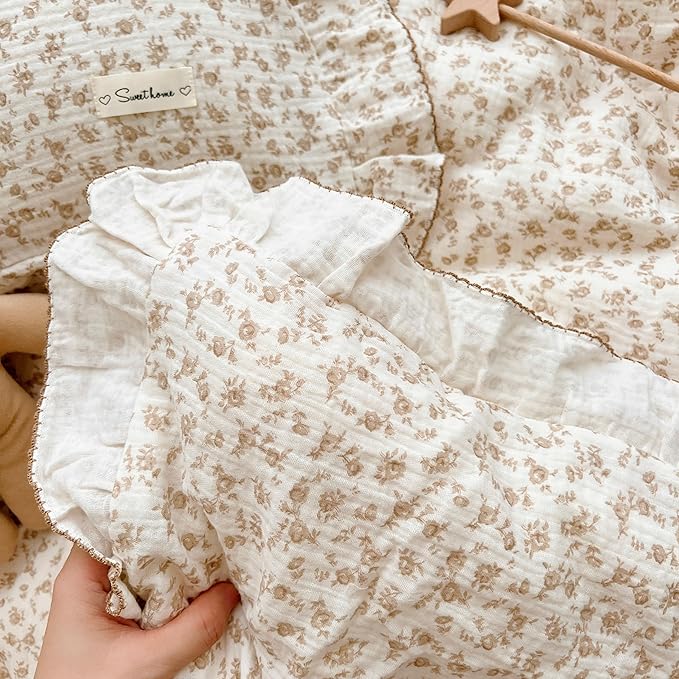 AOJIM Cotton Muslin Kids Toddler Pillowcase with Camellia Pattern Super Soft Baby Crib Pillowcase with Ruffle Edge, Machine Washable Floral Nursery Pillowcase for Boys Girls, Kids Room Decor, 14x20''
