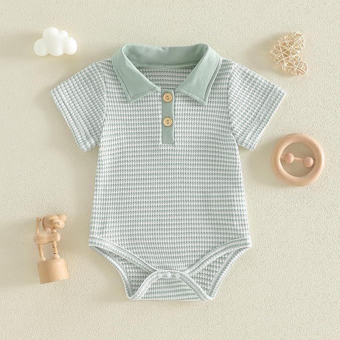 VISGOGO Baby Boy Striped Romper Waffle Short Sleeve Button Oversized Bodysuit - Image 4