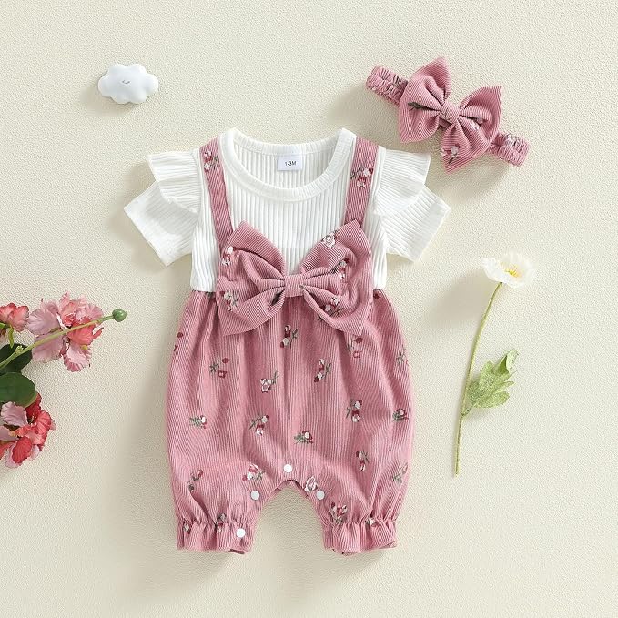 YINGISFITM Newborn Baby Girl Summer Clothes Short Sleeve Bubble Romper Bow - Image 5