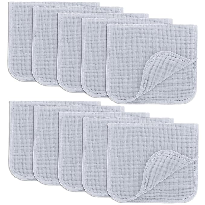 Comfy Cubs Muslin Burp Cloths 20" x 10", Pack of 10 - Large, 6-Layer, Ultra Absorbent 100% Cotton for Baby Drool and Messes - Soft, Safe & Gentle Baby Burp Cloths for Boys & Girls - Slate
