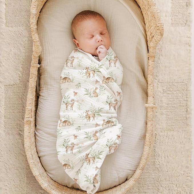 Konssy Muslin Swaddle Blankets for Girls Boys 2 Pack, 100% Cotton Receiving Baby Blanket Large 47 x 47 inches, Soft Breathable Swaddling Wrap for Unisex Newborn (Woodland,Sage)
