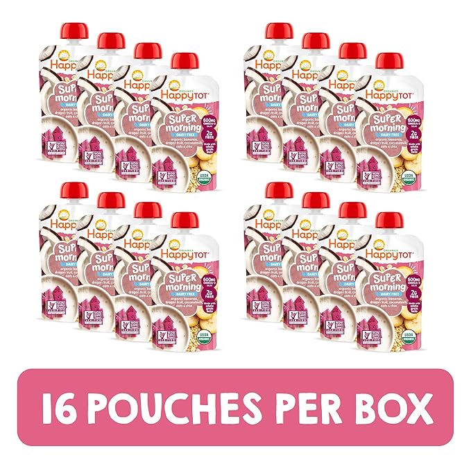 Happy Tot Organics Stage 4 Baby Food Pouches, Gluten Free, Vegan & Dairy Free Snack, Super Morning Fruit & Oat Blend, Bananas, Dragon Fruit, Coconutmilk, Oats & Chia, 4 Oz (Pack of 16)