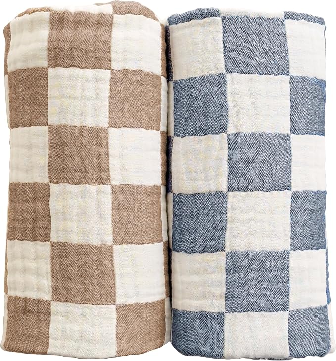 Ultra Soft Checkered Muslin Baby Blanket 2 Pack Cotton Swaddle Blanket 43" | 6 by REPRECONF