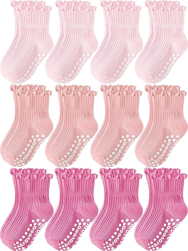 Baby Toddler Girls Socks Grip Ruffle Non Slip Kids Cotton 12 Pack Socks | by Aroveea