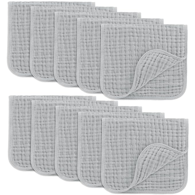 Comfy Cubs Muslin Burp Cloths 20" x 10", Pack of 10 - Large, 6-Layer, Ultra Absorbent 100% Cotton for Baby Drool and Messes - Soft, Safe & Gentle Baby Burp Cloths for Boys & Girls - Heather Blue