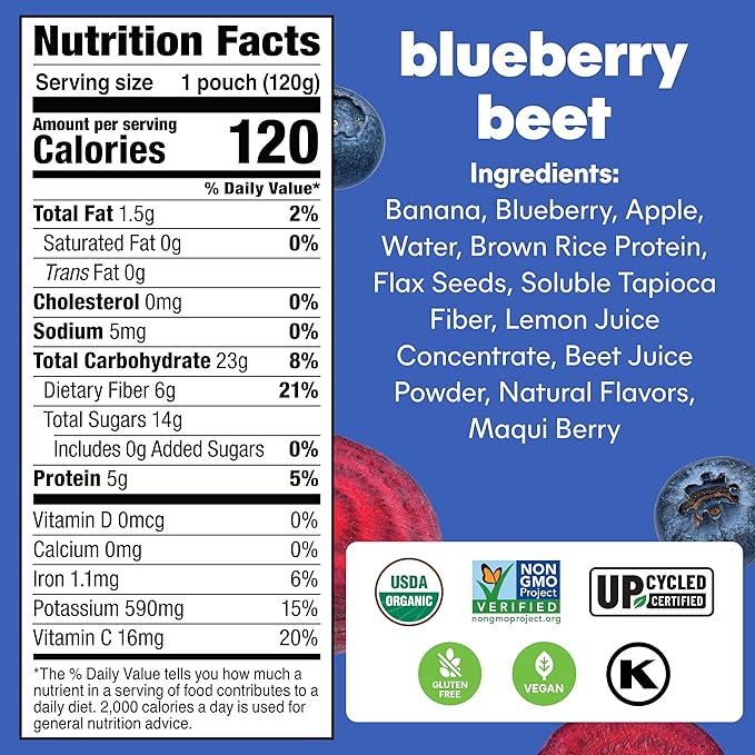 Noka Superfood Fruit Smoothie Pouches, Blueberry Beet, Healthy Snacks with Flax Seed, Prebiotic Fiber and Plant Protein, Vegan and Gluten Free, Organic Fruit & Veggie Squeeze Pouch, 4.22 oz, 12 Count