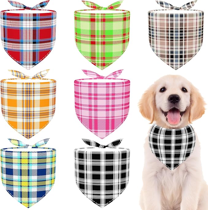 7 PCS Medium Plaid Dog Bandanas Hemming Seam Edge Dog Bandana by Bestwishforyou