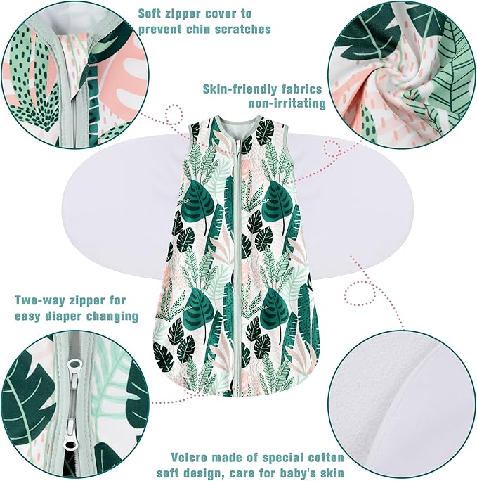 Newborn Sleep Sack Baby Swaddle,3-6 Months,3-Way Adjustable Wearable Blanket,100% Rayon Cotton Swaddling Sleeping Bag，TOG 0.5（Banana&Leaf）