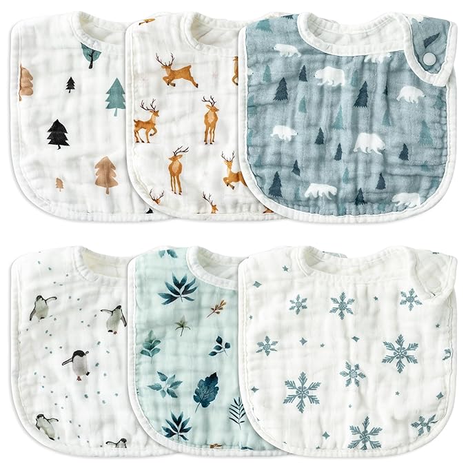 Zainpe 6Pcs Snap Muslin Cotton Baby Bibs Cute Themes Snowflake Penguin Pattern Infants Drooling Bib Adjustable Burp Cloth Soft Absorbent Feeding Cloths for Unisex Newborn Toddler Teething Eating