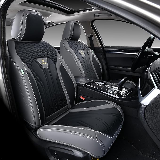FLORICH Leather Seat Covers, Seat Covers Full Set, Car Seat Protectors 5 Seats, Automotive Seat Covers Fit for Most Cars Trucks SUV- Gray&Black