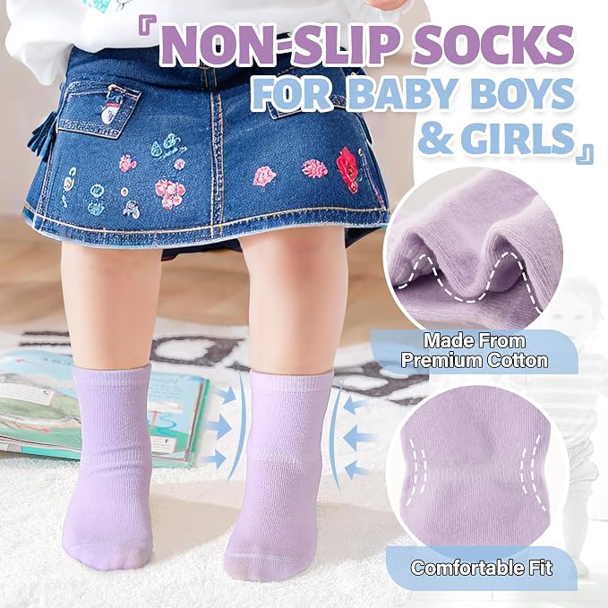 ANTSANG 12 Pairs Baby Girls Boys Toddlers Kids Crew Cotton Grips Socks | Smooth - Image 3