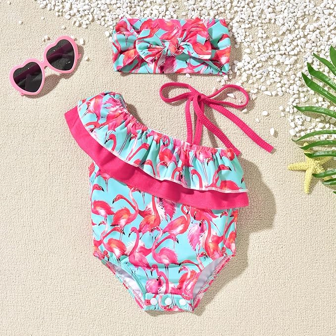 Toddler Baby Girls Ruffles Bikini One Piece Swimsuits Floral Off Shoulder Swimwear Beach Bathing Suit