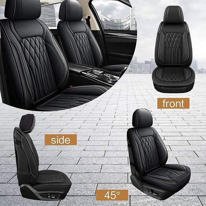 Pariitadin Leather Car Seat Covers Front Pair, Waterproof Faux Leather Seat Covers for Cars, Non-Slip Car Interior Covers Universal Fit for Most Cars Sedans Trucks SUVs, Black Line