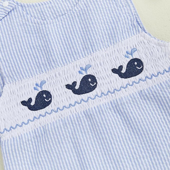Newborn Baby Boys Sleeveless Seersucker Romper One Piece Straps Overalls - Image 5