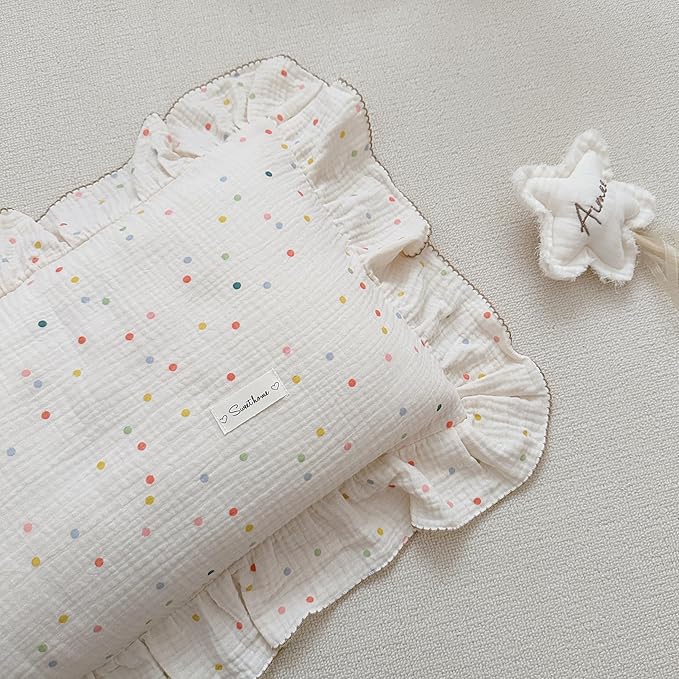 AOJIM Kids Toddler Pillowcase 1 Piece Super Soft Muslin Cotton Bedding Pillowcase with Colorful Beans Pattern, Ruffle Edges Nursery Pillowcase Durable Kids Pillow Cover, Machine Washable 26x20 Inches