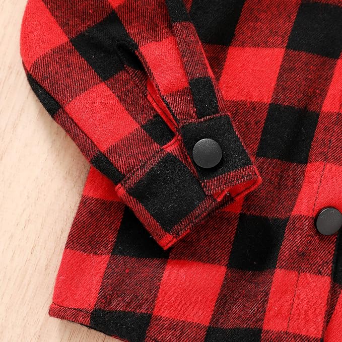 YOUNGER STAR Toddler Kids Boys Girls Flannel Hooded Plaid Shirt Button Baby Red - Image 5