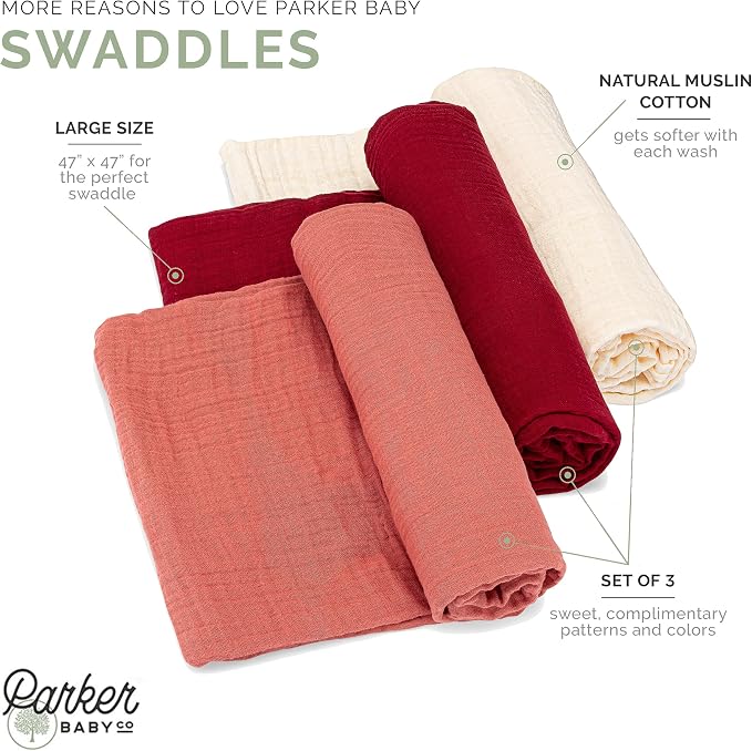 Parker Baby Co. Soft Muslin Baby Swaddle Blankets, 3 Pack - Image 2