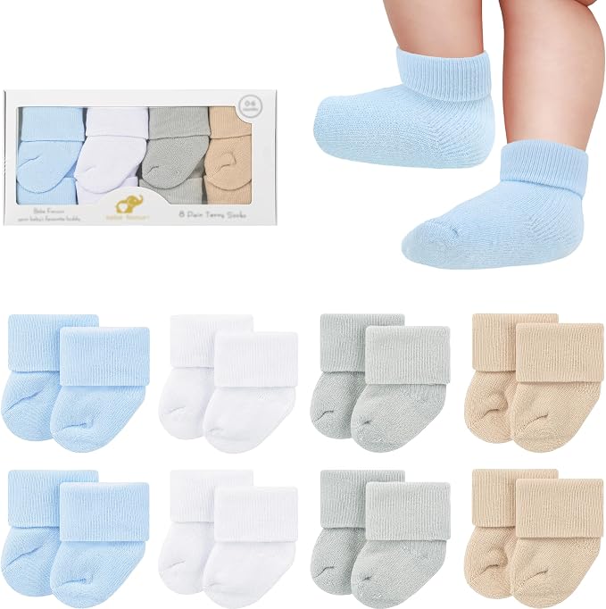 8 Pairs Newborn Socks Thick Cotton Terry Turn Cuff Baby Socks 0-6 Months Cute by BebeFavour