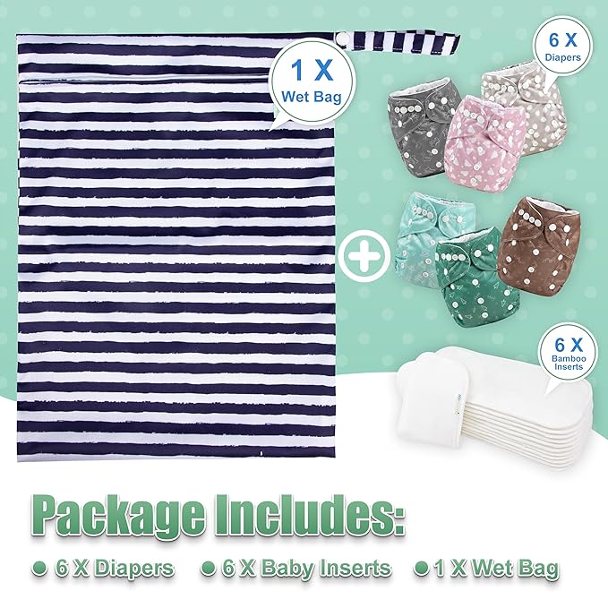 Wegreeco Cloth Diapers 6 Pack with Inserts & Wet Bag, Washable Reusable Diapers for Babies, One Size Adjustable (Palm)
