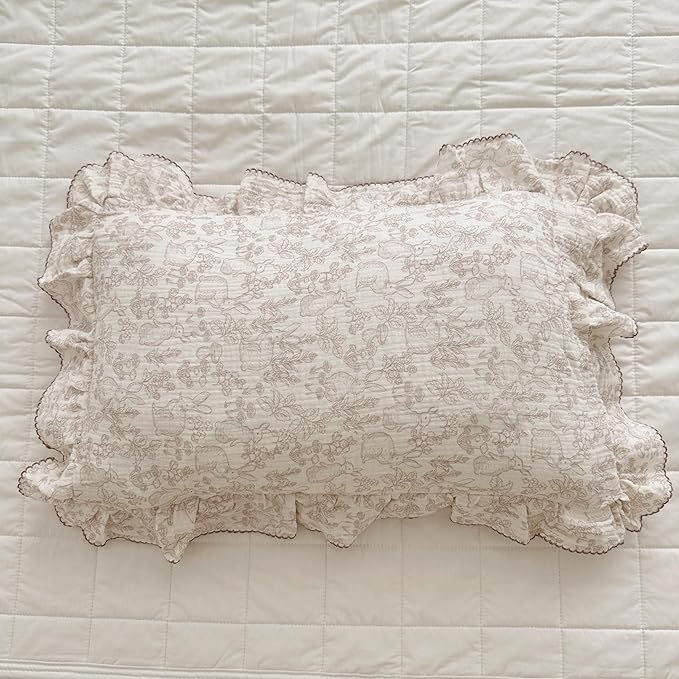 BuLuTu 100% Cotton Muslin Toddler Pillowcase with Ruffles Edges, Cute Rabbit Pattern Toddler Pillow Cover Soft Breathable Gauze Cotton Kids Pillow Cases for Boys,Girls, 1 Piece, 14"x20"