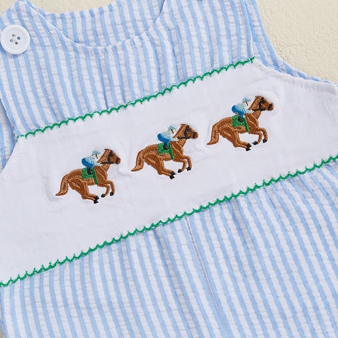 Newborn Baby Boys Sleeveless Seersucker Romper One Piece Straps Overalls - Image 5