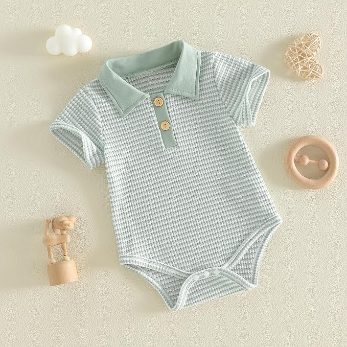 VISGOGO Baby Boy Striped Romper Waffle Short Sleeve Button Oversized Bodysuit - Image 5