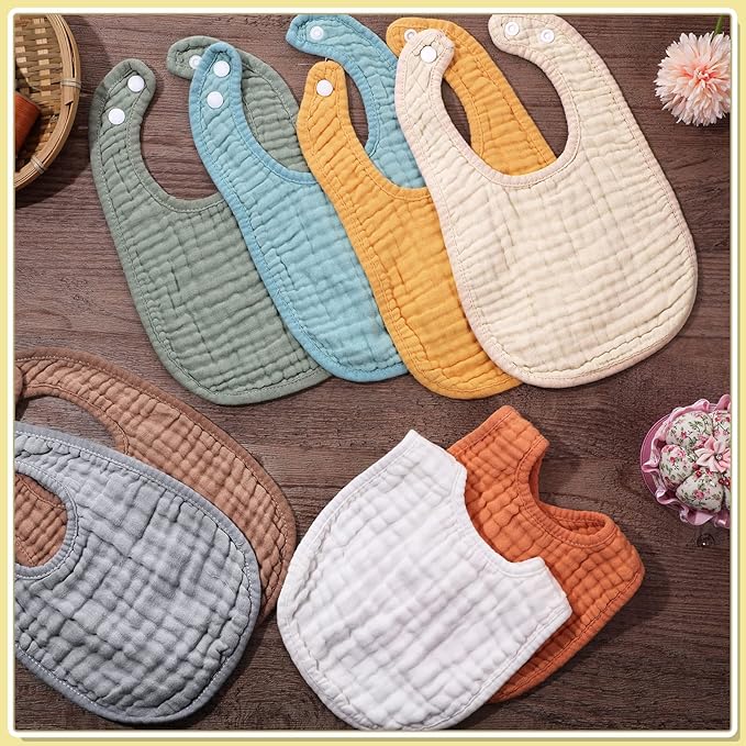 Frienda 8 Pcs Muslin Baby Bibs Cotton Bandana Drool Bibs Bulk for Newborn Infant 6 Absorbent Layers Feeding Accessory