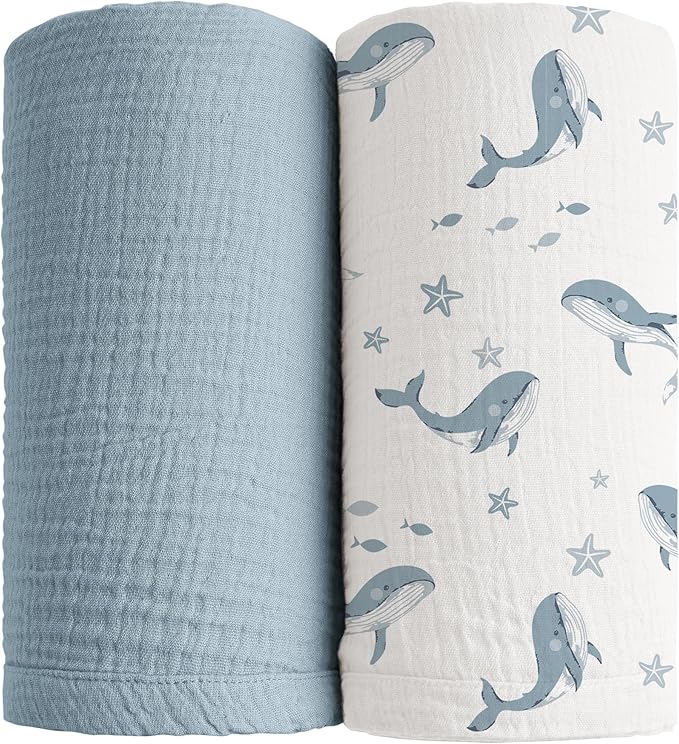 Konssy 2 Pack Muslin Swaddle Blankets, 100% Cotton Receiving Blanket Large 47 x 47 inches for Baby Boys Girls, Soft Breathable Muslin Baby Blanket for Newborn (Blue Whale,Blue)