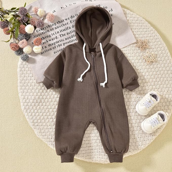 Unutiylo Unisex Baby Boys Girls Long Sleeve Infant Baby Zipper Hooded Jumpsuits - Image 3