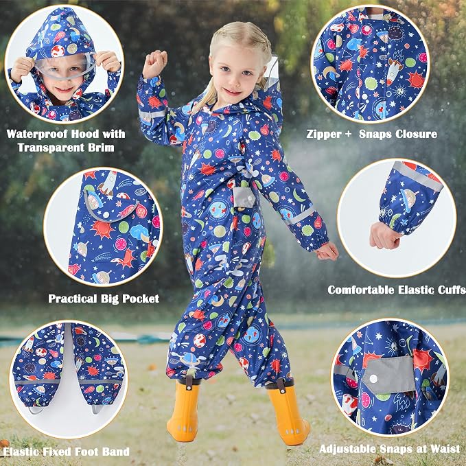 Fewlby Kids Toddler Rain Suit for Boys Girls One Piece Hoodie Zipper Cartoon - Image 2