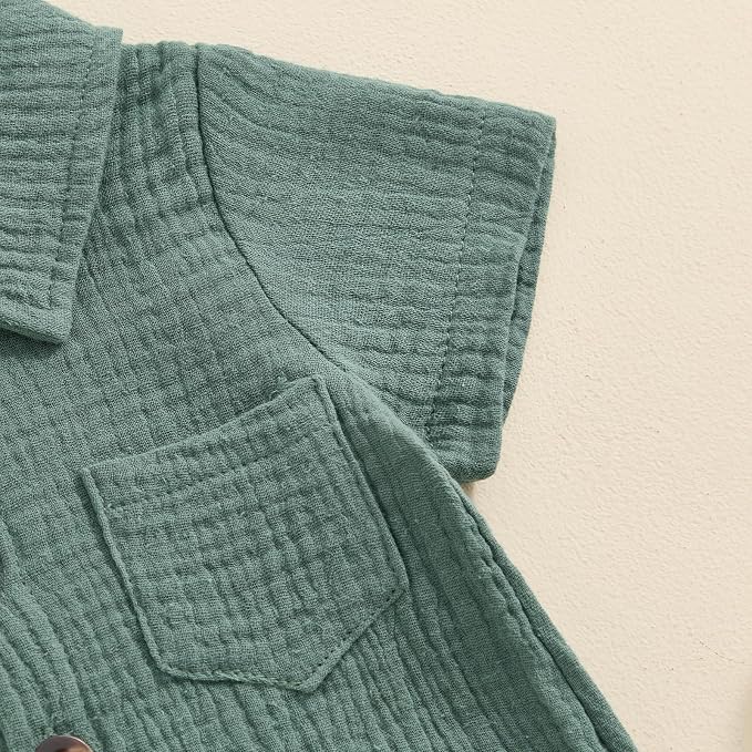 Honganda Summer Baby Boy Cotton Linen Jumpsuit Short Sleeve Button Down - Image 5