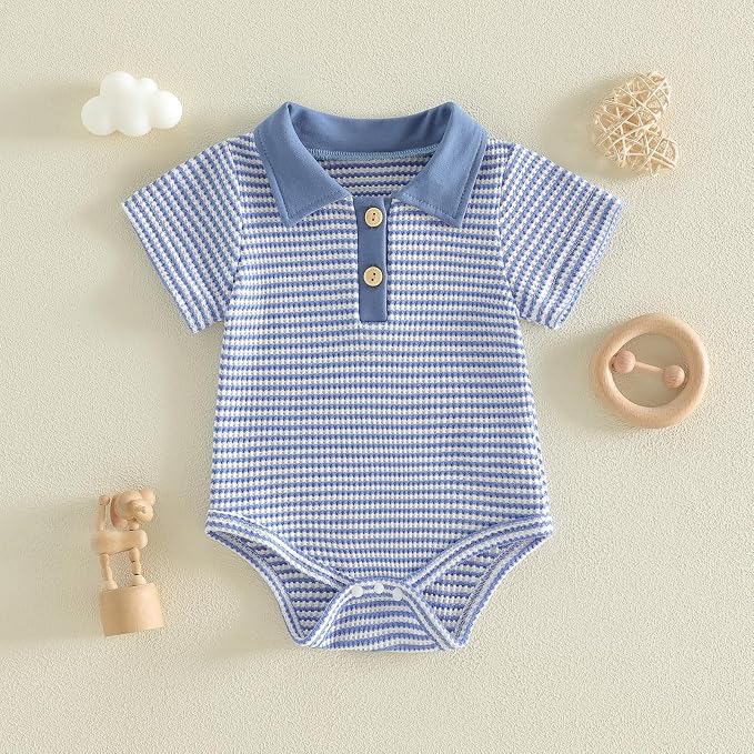 VISGOGO Baby Boy Striped Romper Waffle Short Sleeve Button Oversized Bodysuit - Image 4