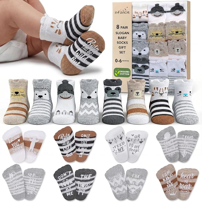 Organic Cotton Blend 8 Baby Socks 0–6M Non Slip Newborn Essentials | Oeko-Tex by Infancie