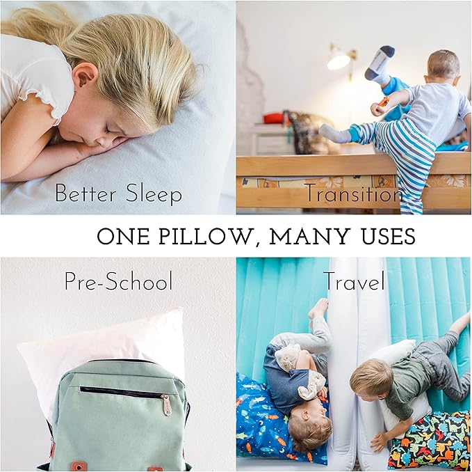 Little Sleepy Head Toddler Pillow with Pillowcase 13x18 - Kids Pillow for Sleeping - Better Neck Support Ergonomic Pillow and Toddler Pillowcase - Best Pillows for Kids (Dinosaurs Pink)