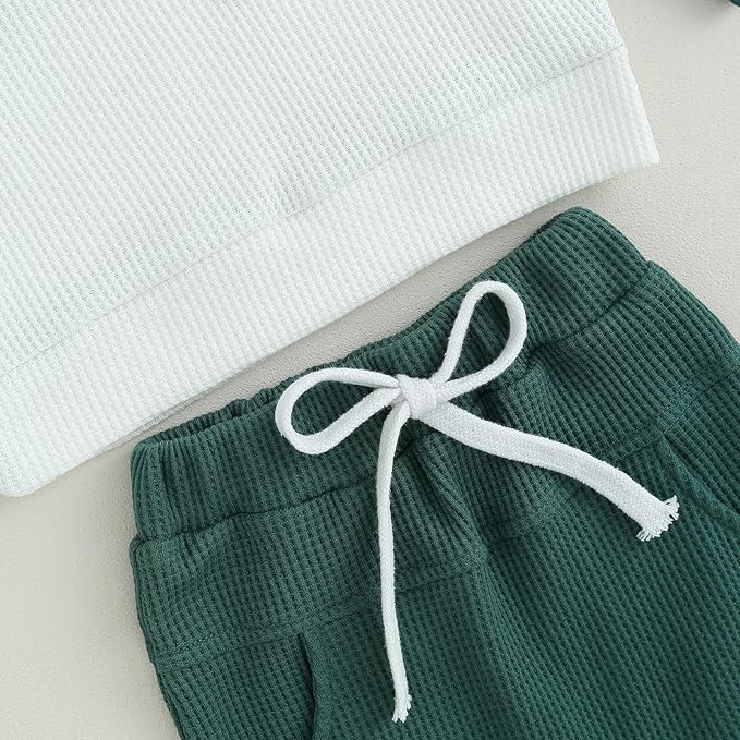 Toddler Baby Boy Fall Clothes Waffle Outfit Long Sleeve Color Blocking Sweatshirt Pullover Jogger Pant Set