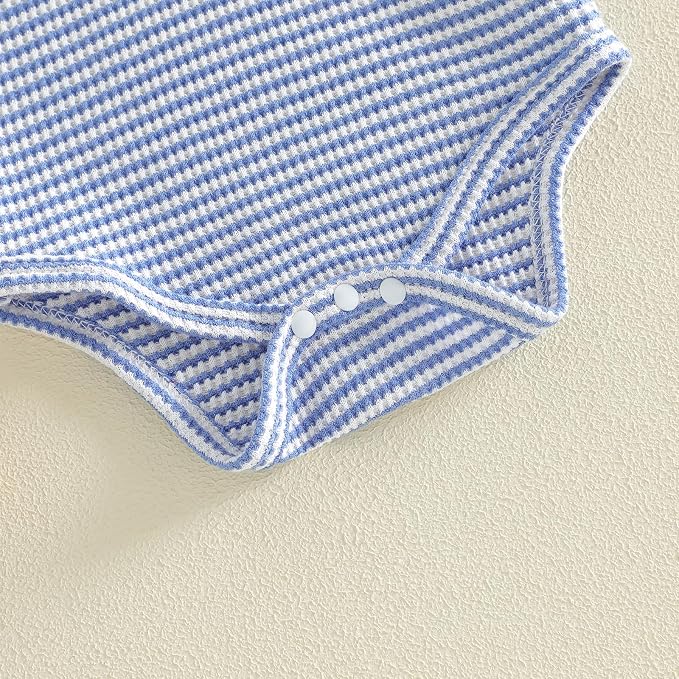 VISGOGO Baby Boy Striped Romper Waffle Short Sleeve Button Oversized Bodysuit - Image 7