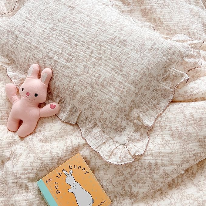 BuLuTu 100% Cotton Muslin Kids Toddler Pillowcase Standard Size, 20"x26", Cute Rabbit Pattern Toddler Boys Girls Pillow Cases Soft Pillow Cover Nursery Pillowcases, Bedding Decor,1 Piece, Forest