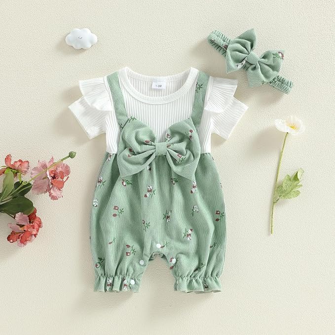 YINGISFITM Newborn Baby Girl Summer Clothes Short Sleeve Bubble Romper Bow - Image 6