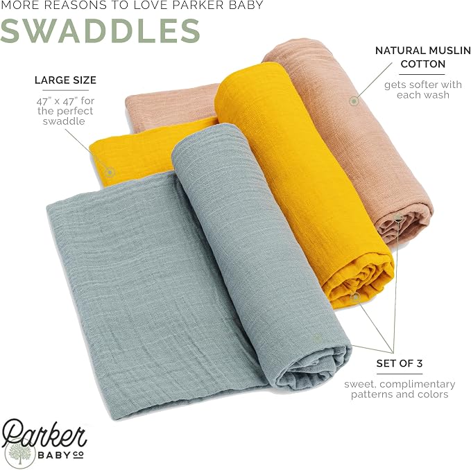 Parker Baby Co. Soft Muslin Baby Swaddle Blankets, 3 Pack - Image 2