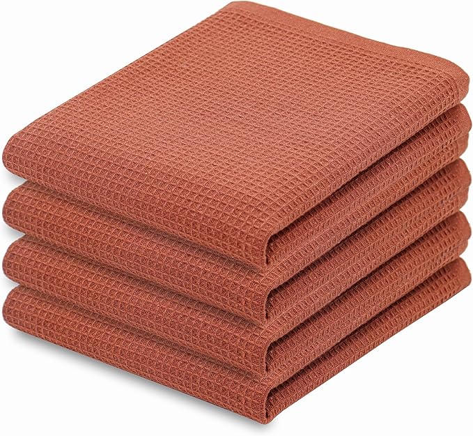 PurpleEssences Rust Waffle Weave Kitchen Towel, 100% Cotton - 15 x 25 Inches, with Hanging Loop Ultra Soft Absorbent Quick Drying Dish Cloth, Tea and Hand Towels, 4 Pack - Fall Thanksgiving - Rust