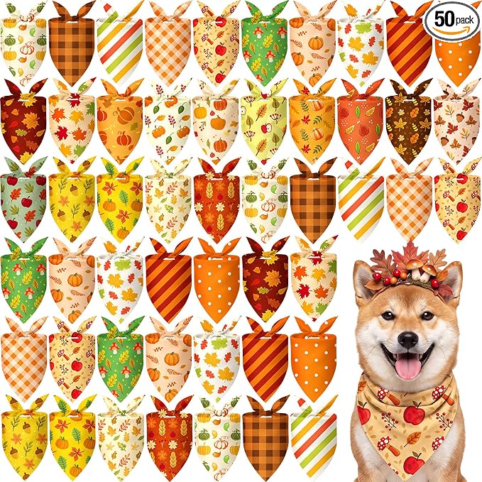 50 Pcs Fall Dog Bandanas Bulk Autumn Pumpkin Maple Leaves Pattern by Jeere