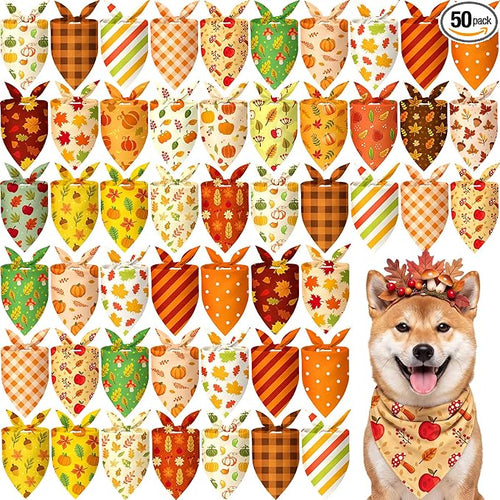 50 Pcs Fall Dog Bandanas Bulk Autumn Pumpkin Maple Leaves Pattern by Jeere