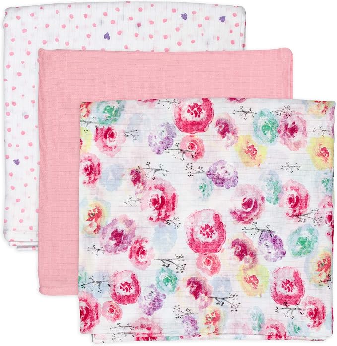 HonestBaby 3-Pack Organic Cotton Swaddle Blankets, Rose Blossom, One Size by HonestBaby